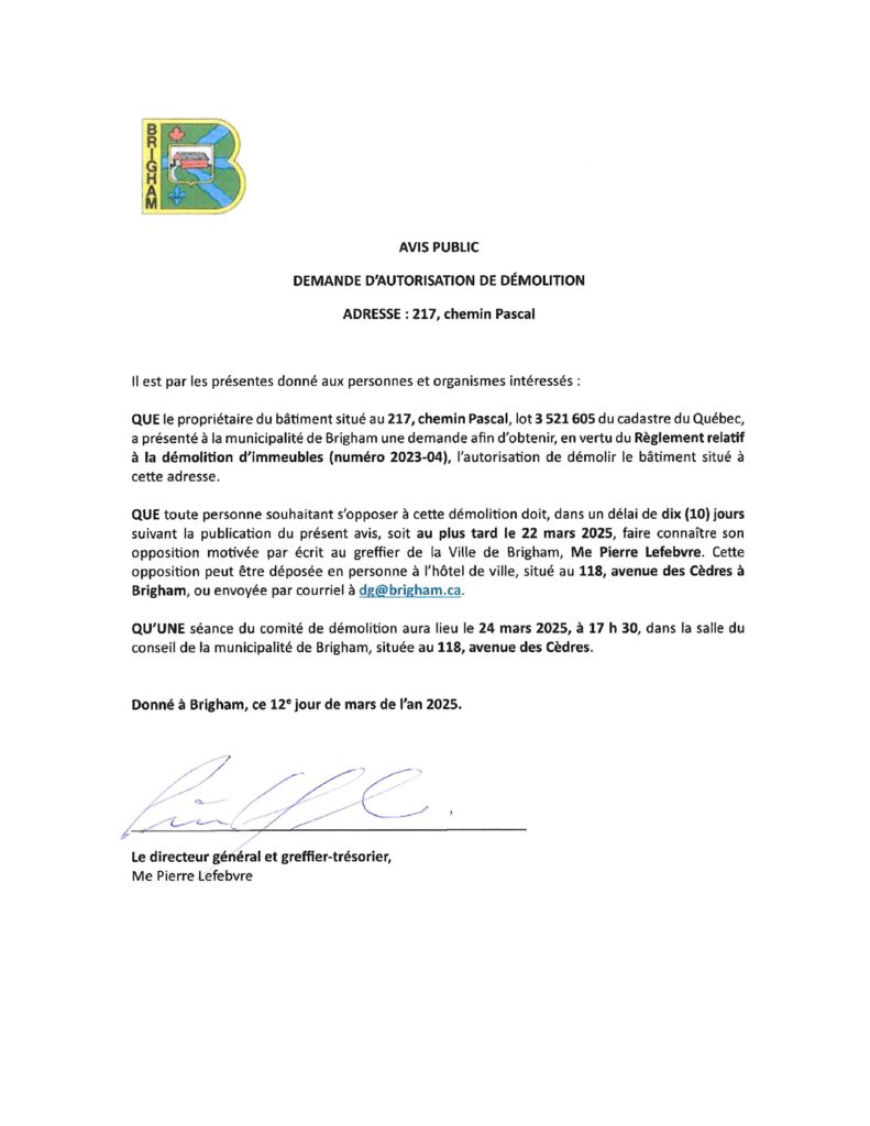 thumbnail of Avis public démolition – 217 ch. Pascal