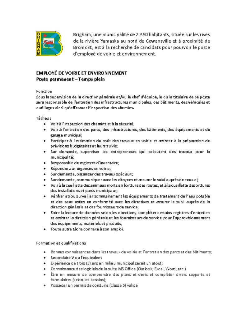 Offre demploi employ de voirie et environnement municipalit de