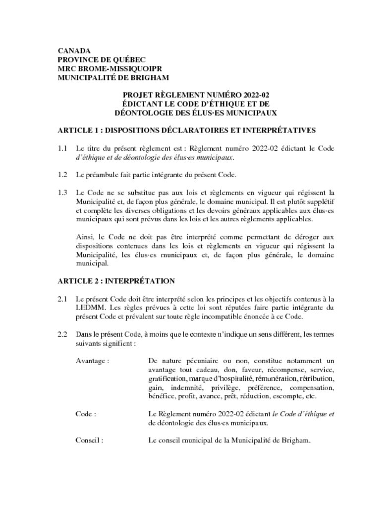thumbnail of Projet de règlement