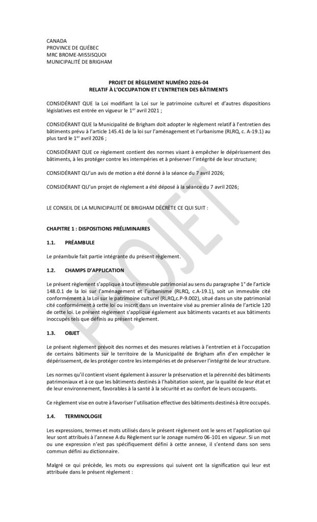 thumbnail of Projet de règlement 2026-04 – occupation entretien des bâtiments