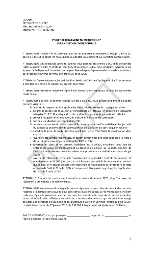 thumbnail of Projet de règlement sur la gestion contractuelle 2026