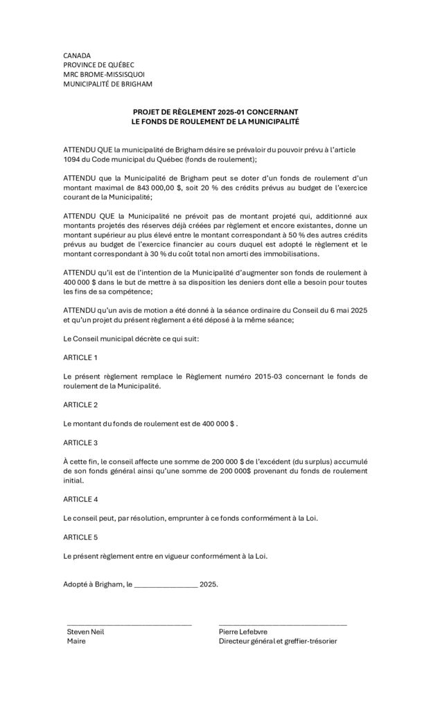 thumbnail of Projet règlement 2025-01 – Fonds de roulement