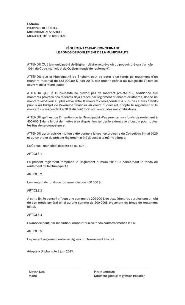 thumbnail of Règlement 2025-01 – Fonds de roulement