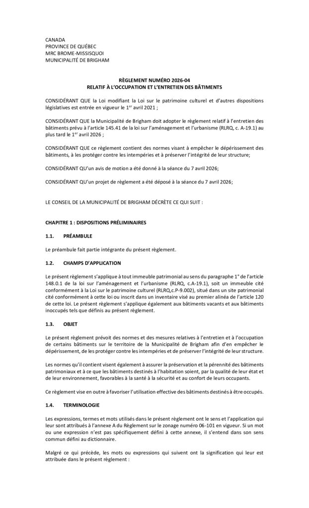 thumbnail of Règlement 2026-04 – occupation entretien des bâtiments