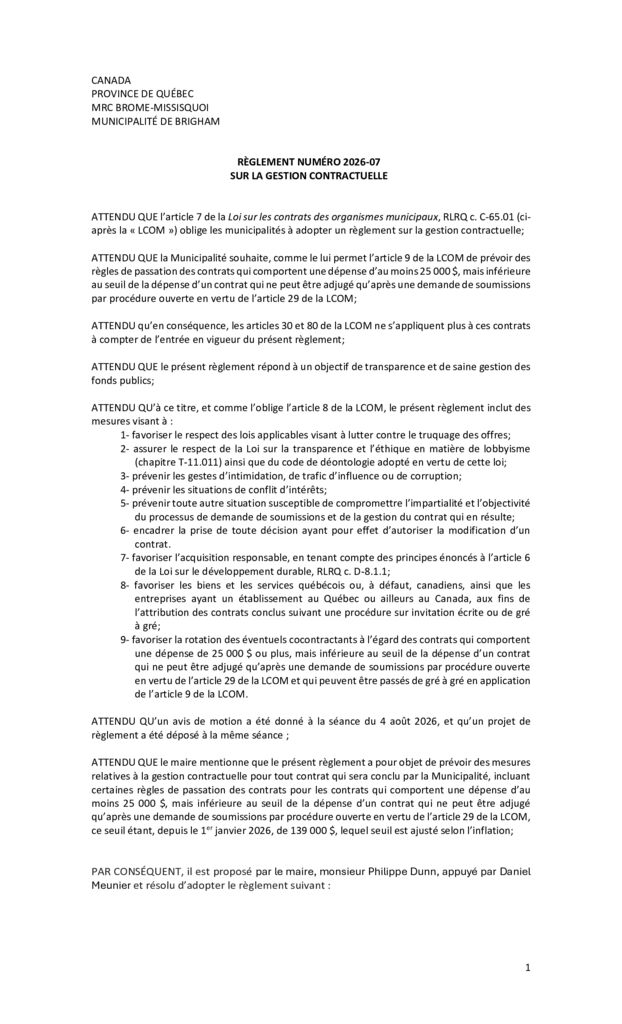 thumbnail of Règlement 2026-07 sur la gestion contractuelle